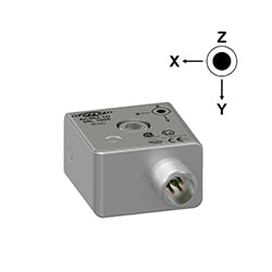 A stainless steel AC982 intrinsically safe triaxial accelerometer engraved with the CTC line logo, product number, serial number, and hazardous area certification markings.